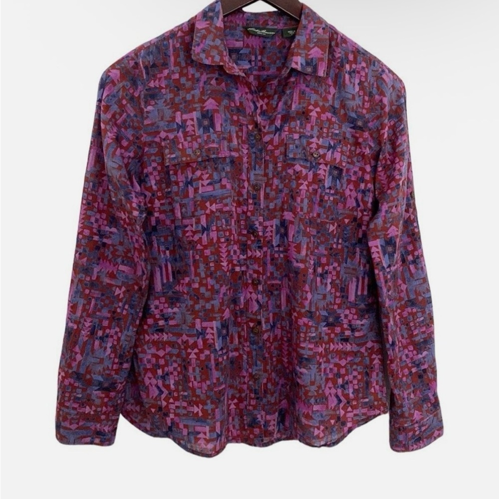 Eddie Bauer Womens Vintage-Inspired Geometric Print Button-Up adj sleeve Sz M